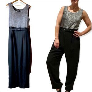 Vintage 80s sleeveless black wide leg metallic ailver jumpsuit size 4